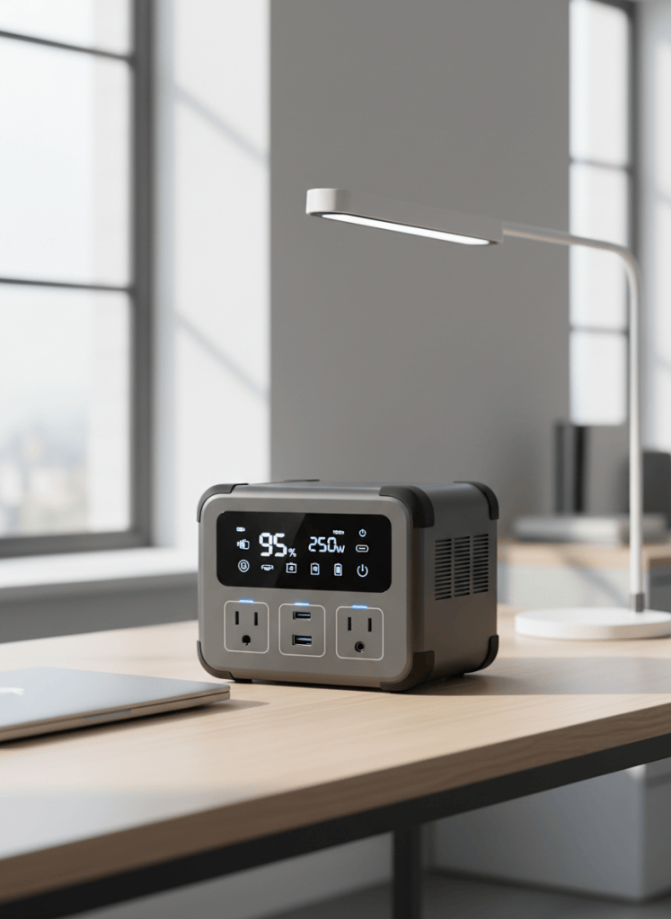 A compact, high-capacity portable power station in matte dark gray with rubberized corners and a bright, clearly defined LCD display, placed on a clean wooden desk beside a sleek closed laptop and a modern LED desk lamp. Multiple AC outlets, USB-C ports, and DC outputs are visible on the front panel, each with realistic, detailed textures. Soft daylight from a nearby window creates gentle reflections on the power station’s surface and crisp but subtle shadows behind it. Photographic realism, eye-level composition with shallow depth of field, the power station in sharp focus and the background workspace slightly blurred. The mood is professional, organized, and trustworthy, ideal for a business-oriented product overview hero image.