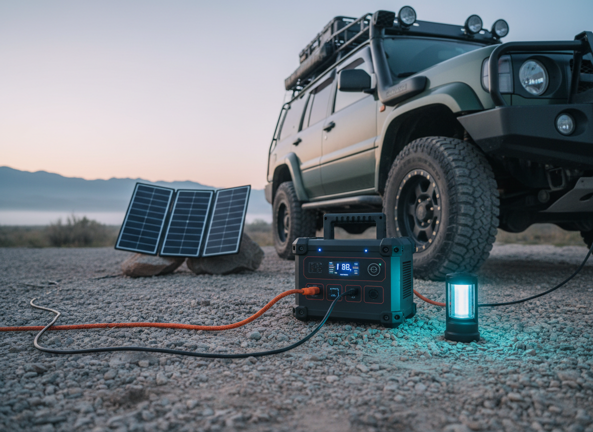 A robust, weather-resistant portable power station with reinforced corners and a rugged handle resting on compact gravel beside an off-road SUV at a remote campsite. Cables neatly connect it to a set of rigid solar panels propped nearby and to a small LED lantern sitting close by on the ground. The scene is lit by soft, cool pre-dawn light with a faint glow on the horizon, combined with the subtle bluish illumination from the power station’s display and status LEDs. Photographic realism, low-angle perspective emphasizing durability, with moderate depth of field keeping both power station and SUV sharp. The mood is resilient, prepared, and adventure-focused, perfect for backup power and overlanding content.