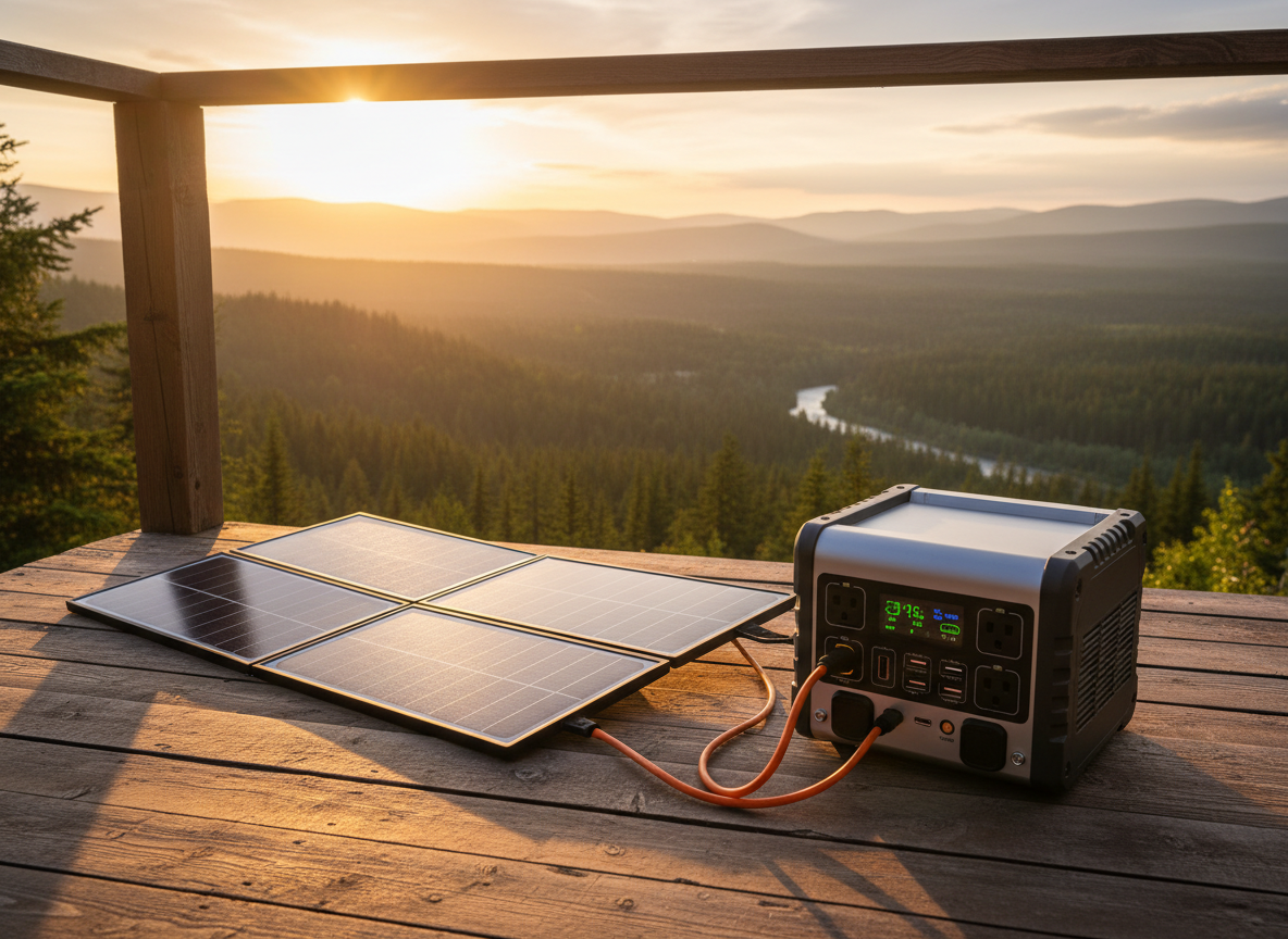 A mid-sized portable power station connected to a pair of folding solar panels on a sunlit wooden deck overlooking a forested valley. The power station’s front panel, with clear indicators and ports, faces the camera, while the solar panels stretch away toward the railing, angled precisely toward the sun. Late afternoon golden-hour sunlight casts warm highlights on the brushed metal and textured plastic surfaces, with long, soft shadows across the deck boards. Photographic realism from a slightly elevated angle, using rule-of-thirds composition to balance the power station in the foreground and the expansive natural landscape in the background. The atmosphere feels reliable, eco-conscious, and aspirational, suited for a solar generator buying guide.
