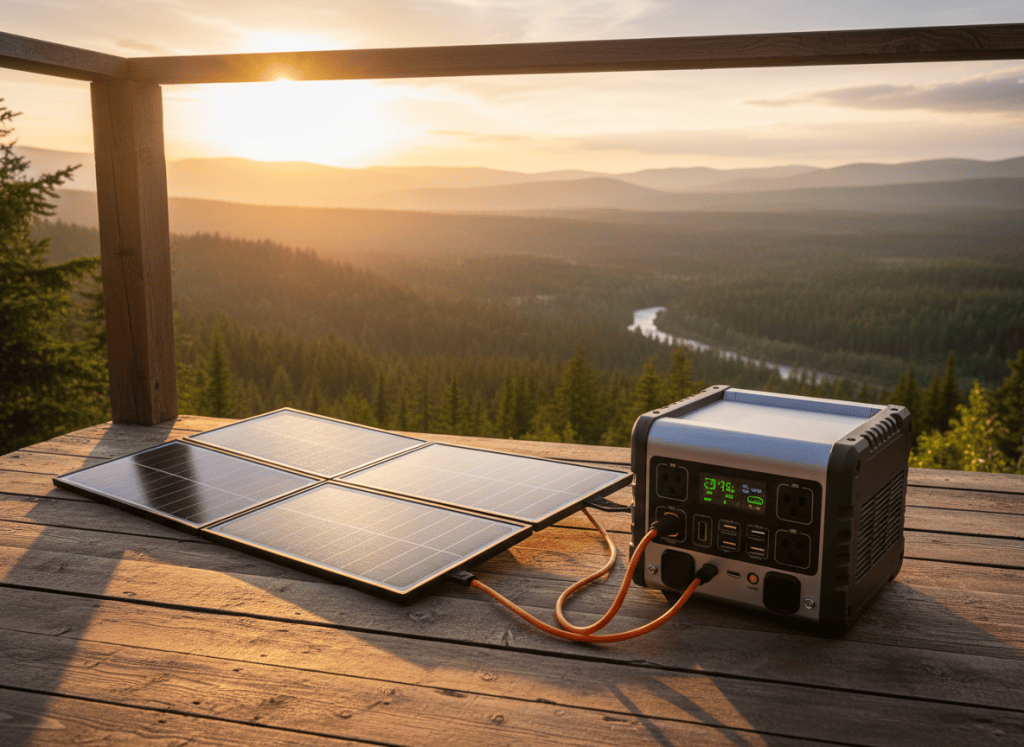 A mid-sized portable power station connected to a pair of folding solar panels on a sunlit wooden deck overlooking a forested valley. The power station’s front panel, with clear indicators and ports, faces the camera, while the solar panels stretch away toward the railing, angled precisely toward the sun. Late afternoon golden-hour sunlight casts warm highlights on the brushed metal and textured plastic surfaces, with long, soft shadows across the deck boards. Photographic realism from a slightly elevated angle, using rule-of-thirds composition to balance the power station in the foreground and the expansive natural landscape in the background. The atmosphere feels reliable, eco-conscious, and aspirational, suited for a solar generator buying guide.